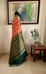 ANUPA- PEACH AND RUST CHECKED GADWAL SAREE WITH REGAL GREEN AANCHAL