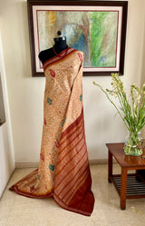 PRANISHA- LIGHTWEIGHT CREAM BOMKAI SILK SAREE WITH BLOCK PRINTED FLORALS