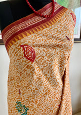 PRANISHA- LIGHTWEIGHT CREAM BOMKAI SILK SAREE WITH BLOCK PRINTED FLORALS
