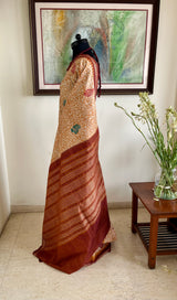 PRANISHA- LIGHTWEIGHT CREAM BOMKAI SILK SAREE WITH BLOCK PRINTED FLORALS