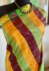 MANJUSHREE POCHAMPALLY IKAT STRIPES IN GREEN MUSTARD AND MAROON