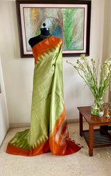SADPRIYA- PISTA GREEN KANJIVARAM SILK SAREE WITH RUST ORANGE TEMPLE BORDER