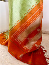SADPRIYA- PISTA GREEN KANJIVARAM SILK SAREE WITH RUST ORANGE TEMPLE BORDER