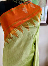 SADPRIYA- PISTA GREEN KANJIVARAM SILK SAREE WITH RUST ORANGE TEMPLE BORDER
