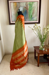 SADPRIYA- PISTA GREEN KANJIVARAM SILK SAREE WITH RUST ORANGE TEMPLE BORDER