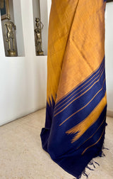 SUBHIKA- GOLDEN MUSTARD KANJIVARAM WITH NAVY TEMPLE BORDERS