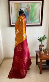 IRAVI- MUSTARD POCHAMPALLY IKAT SAREE WITH FLORAL AND BUTTERFLY MOTIFS