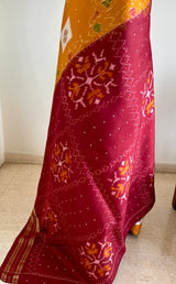 IRAVI- MUSTARD POCHAMPALLY IKAT SAREE WITH FLORAL AND BUTTERFLY MOTIFS