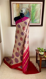 ASHWIKA – TUSSAR SILK IN BEIGE WITH FLORAL CHEVRON DETAILING