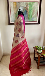 ASHWIKA – TUSSAR SILK IN BEIGE WITH FLORAL CHEVRON DETAILING