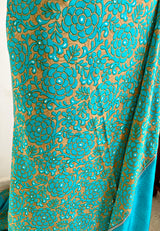 AANYA – DARK BEIGE CREPE SILK WITH BLUE FLORAL DETAILING