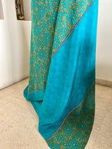 AANYA – DARK BEIGE CREPE SILK WITH BLUE FLORAL DETAILING