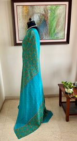 AANYA – DARK BEIGE CREPE SILK WITH BLUE FLORAL DETAILING