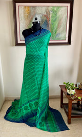 ALIRA – NEVER WORN GREEN CHIFFON WITH BLUE STRIPED PAISLEY BORDERS