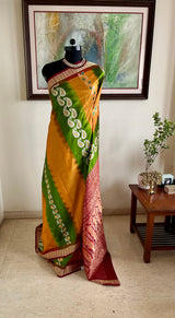 NIBHA - BOMKAI SILK WITH GREEN MUSTARD BANDS AND RUDRAKSHA BORDER