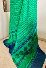ALIRA – NEVER WORN GREEN CHIFFON WITH BLUE STRIPED PAISLEY BORDERS
