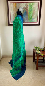 ALIRA – NEVER WORN GREEN CHIFFON WITH BLUE STRIPED PAISLEY BORDERS