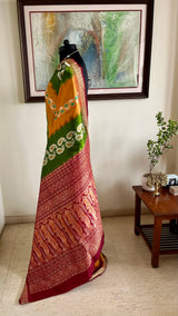 NIBHA - BOMKAI SILK WITH GREEN MUSTARD BANDS AND RUDRAKSHA BORDER