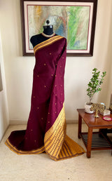 MAYURAKSHI – DEEP MAROON BERHAMPURI WITH MUSTARD RUDRAKSHA BORDER