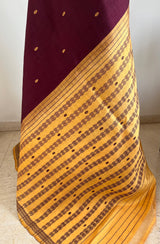 MAYURAKSHI – DEEP MAROON BERHAMPURI WITH MUSTARD RUDRAKSHA BORDER