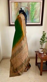 NINARIKA- A BEAUTIFUL GREEN BANARASI SILK SAREE WITH A BROWNISH OMBRE AND SEQUIN EMBROIDERY BORDER