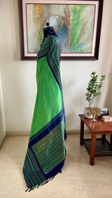 KALVIKA- GREEN KORVAI KANJIVARAM WITH CHEVRON AND RUDRAKSHA OVER NAVY