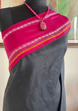 KALVANI- BLACK KORVAI KANJIVARAM WITH RUDRAKSHA AND STRIPED AANCHAL