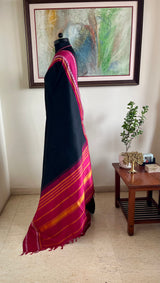KALVANI- BLACK KORVAI KANJIVARAM WITH RUDRAKSHA AND STRIPED AANCHAL