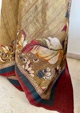 MANUBHA – DARK BEIGE TUSSAR WITH FLORAL PRINTS ON BORDER AND AANCHAL