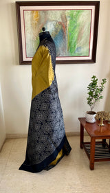 SEVITHA- POCHAMPALLY SILK IN BEIGISH GREEN WITH BOLD BLACK AANCHAL