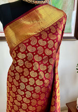 MALAR – REDDISH MAROON BROCADE KANJIVARAM WITH ZARI AANCHAL
