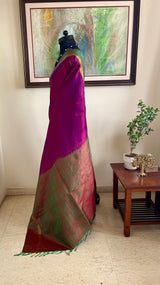 PRANITHI- NEVER WORN SHOT PURPLE GREEN KANJIVARAM WITH ZARI BORDER