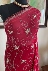 REMA - RADIANT RED SPARKLES, A CHERISHED CHIFFON GEORGETTE SAREE SEEKS A STYLISH NEW CHAPTER
