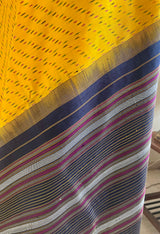 KAAMANA: VIBRANT YELLOW POCHAMPALLY WITH IKKAT AND STRIPED AANCHAL