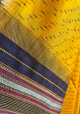 KAAMANA: VIBRANT YELLOW POCHAMPALLY WITH IKKAT AND STRIPED AANCHAL