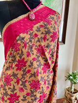 KAMLI- LIGHT BROWN CREPE SILK WITH FLORAL AND GOLD ACCENTS