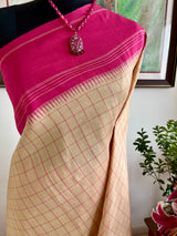 PRITHILA – LIGHT BEIGE KATTAM KANJIVARAM SAREE WITH PINK CHECKS