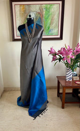 TAVISHA - ELEGANT GREY SILK WITH BLUE TEMPLE WOVEN BORDER