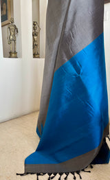 TAVISHA - ELEGANT GREY SILK WITH BLUE TEMPLE WOVEN BORDER