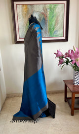 TAVISHA - ELEGANT GREY SILK WITH BLUE TEMPLE WOVEN BORDER