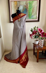 PRESHITA – GREY CHECKED GADWAL COTTON WITH MAROON ZARI BORDER