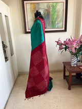 PRANJUSHA – TEAL POCHAMPALLY WITH MAROON IKKAT BORDER AND AANCHAL