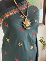 MOHULIKA- BLACK KANTHA SAREE WITH RUST, OCHRE AND WHITE EMBROIDERY