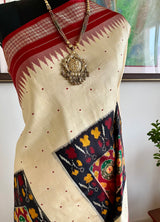 MADHUNISHA- CREAM POCHAMPALLY WITH IKKAT PANELS AND MAROON AANCHAL
