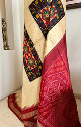 MADHUNISHA- CREAM POCHAMPALLY WITH IKKAT PANELS AND MAROON AANCHAL