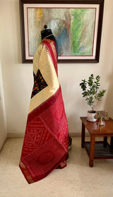 MADHUNISHA- CREAM POCHAMPALLY WITH IKKAT PANELS AND MAROON AANCHAL