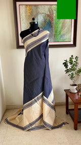 MANJULAI – BLUE AND OFF-WHITE KATTAM KANJIVARAM WITH FLORAL BORDERS