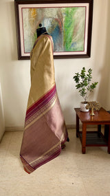 MUTHULAKSHMI – BEIGE KANJIVARAM WITH MAROON AND ZARI AANCHAL