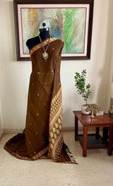 MALARVILI- CHARMING GREENISH-BROWN SOUTH COTTON SAREE WITH GOLD ACCENTS