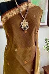 MALARVILI- CHARMING GREENISH-BROWN SOUTH COTTON SAREE WITH GOLD ACCENTS